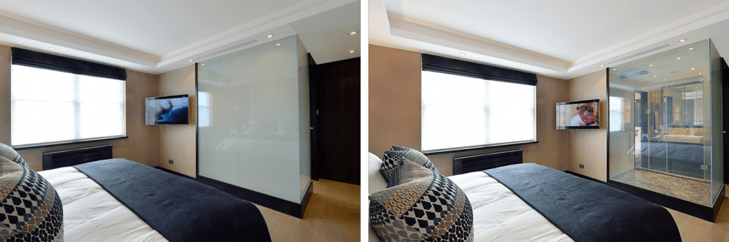 Switchable Glass used as a partition in a hotel room