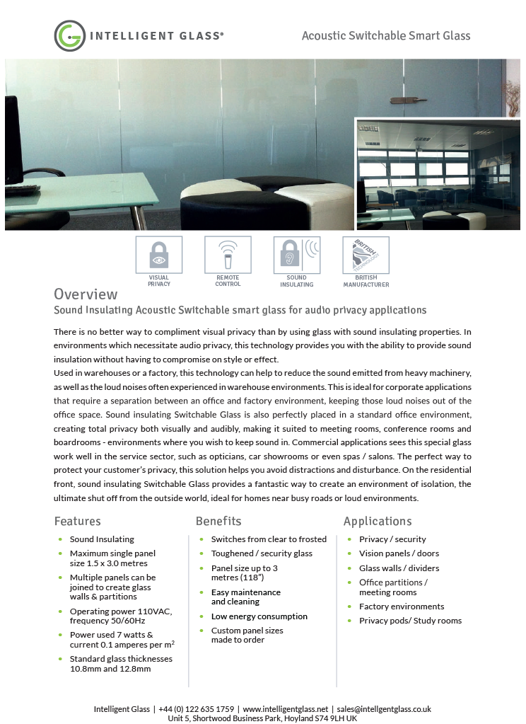 Switchable Acoustic Glass Specification Sheet