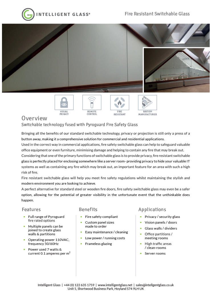 Switchable Fire Rated Glass Specification Sheet