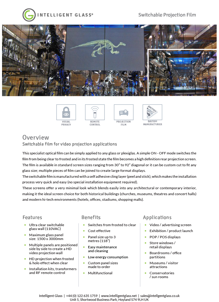 Switchable Projection Film Specification Sheet