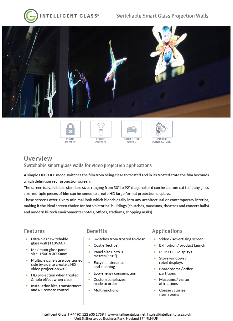 Switchable Projection Walls Specification Sheet