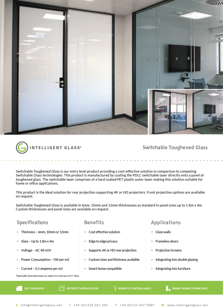Switchable Toughened Glass Specification Sheet