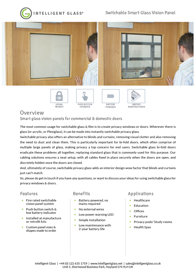 Switchable Vision Panels Specification Sheet